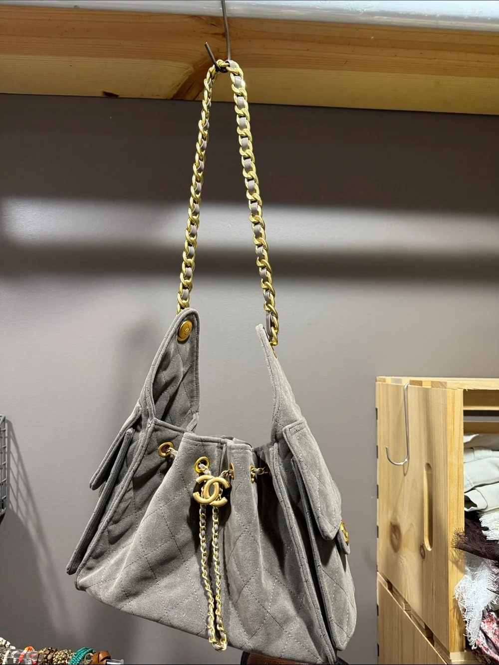 Chanel Quilted Suede Drawstring Shoulder Bag - Gray